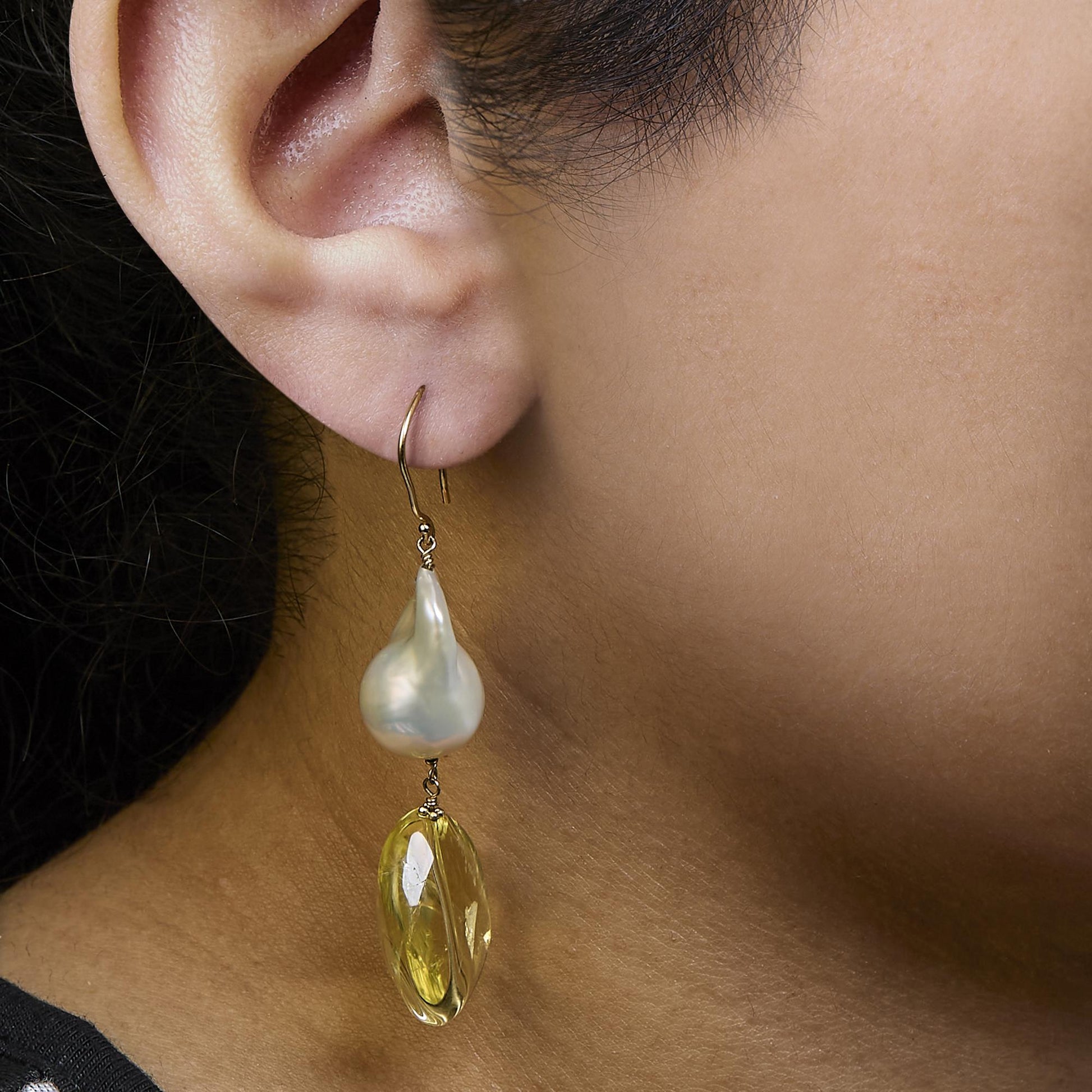 14K Yellow Gold Citrine and Baroque Pearl Drop and Dangle Earrings 1 3/4 Inch Dangle-2