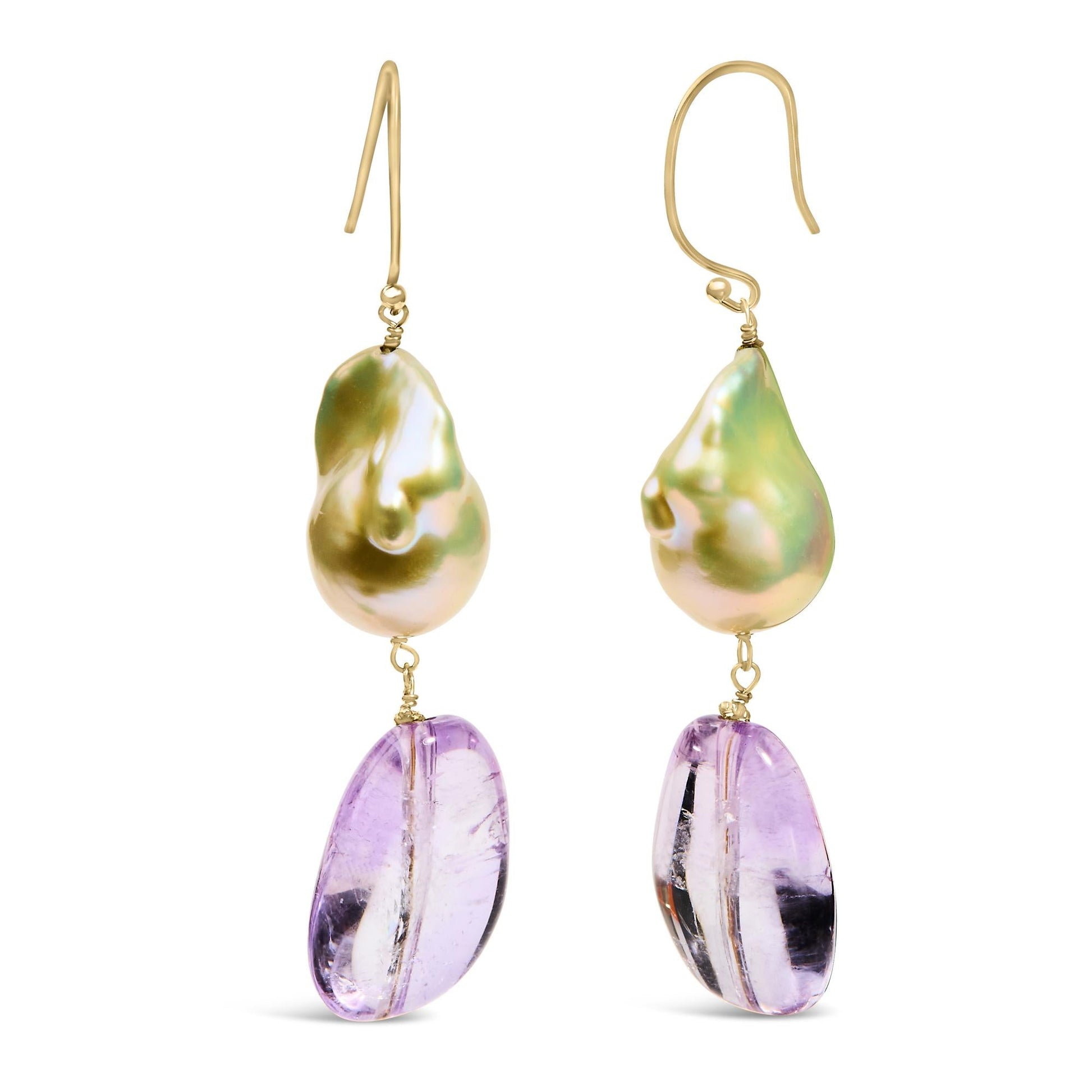 14K Yellow Gold Amethyst and Baroque Pearl Drop and Dangle Earrings 2" Inch Dangle Length-3