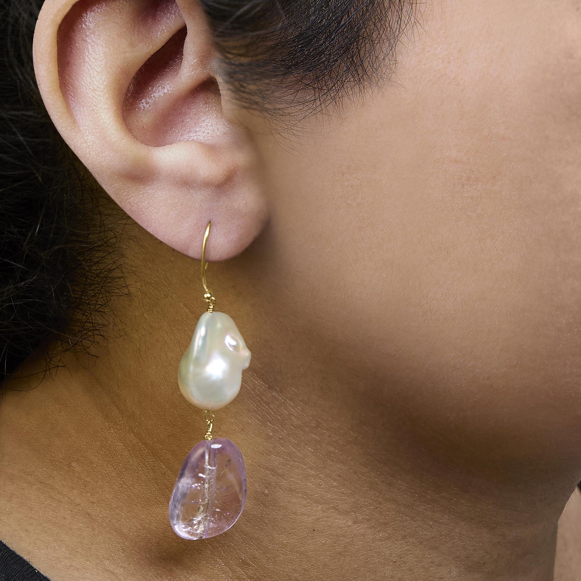 14K Yellow Gold Amethyst and Baroque Pearl Drop and Dangle Earrings 2" Inch Dangle Length-2