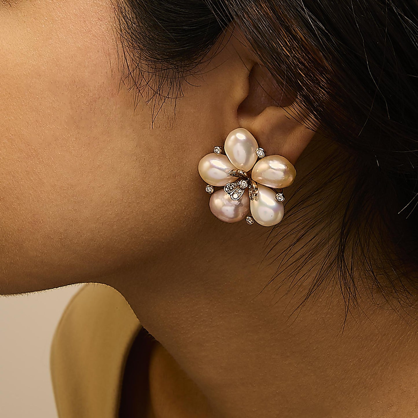 18K Rose Gold 3/8 Cttw Diamond and Freshwater Pearl Blossom Stud Earrings-2