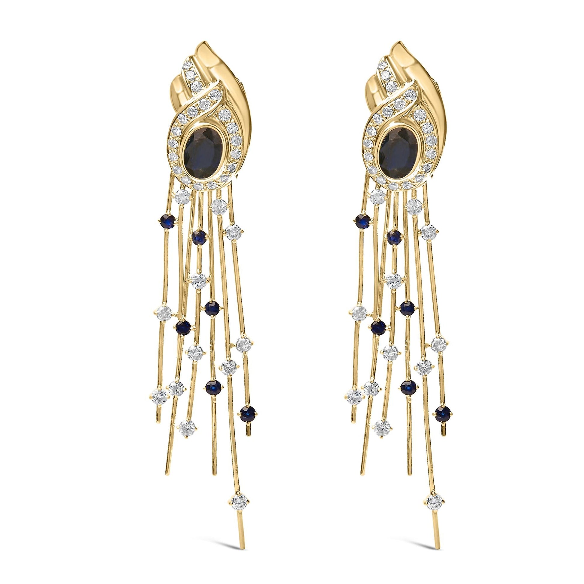 14K Yellow Gold 1.0 Cttw Diamond and Blue Sapphire Chandelier Earrings-0