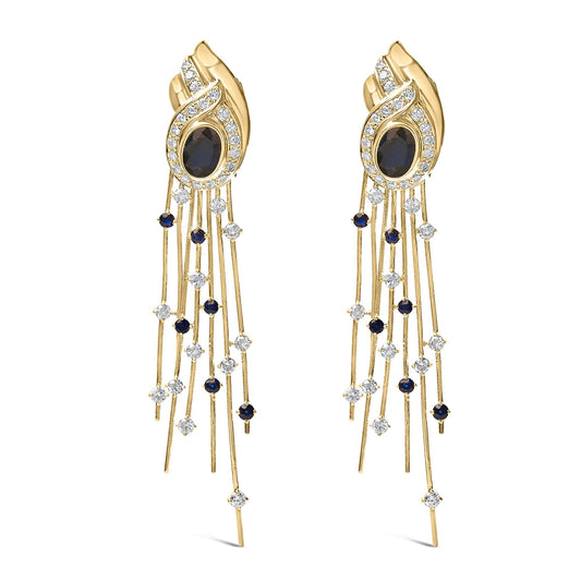 14K Yellow Gold 1.0 Cttw Diamond and Blue Sapphire Chandelier Earrings-0