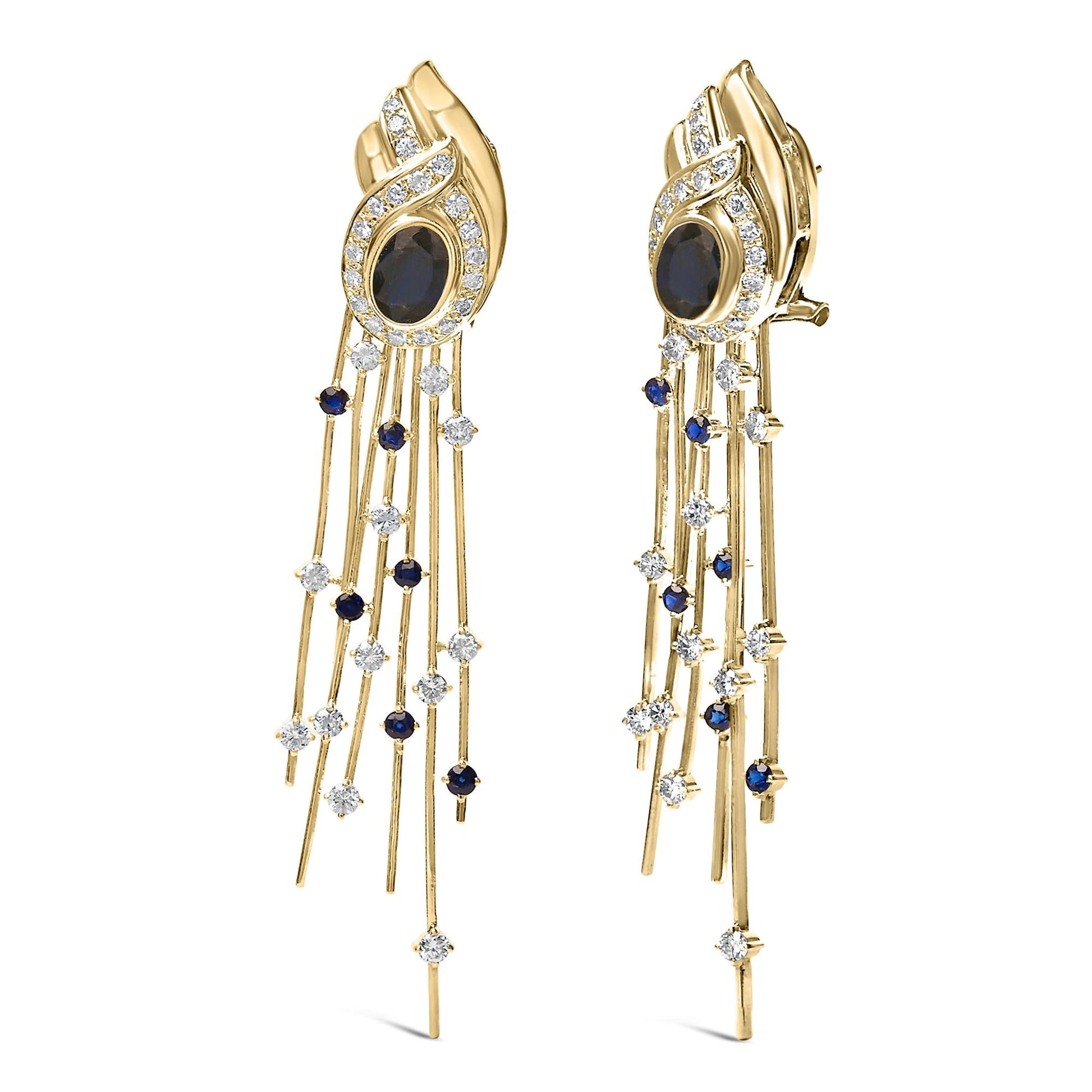 14K Yellow Gold 1.0 Cttw Diamond and Blue Sapphire Chandelier Earrings-1