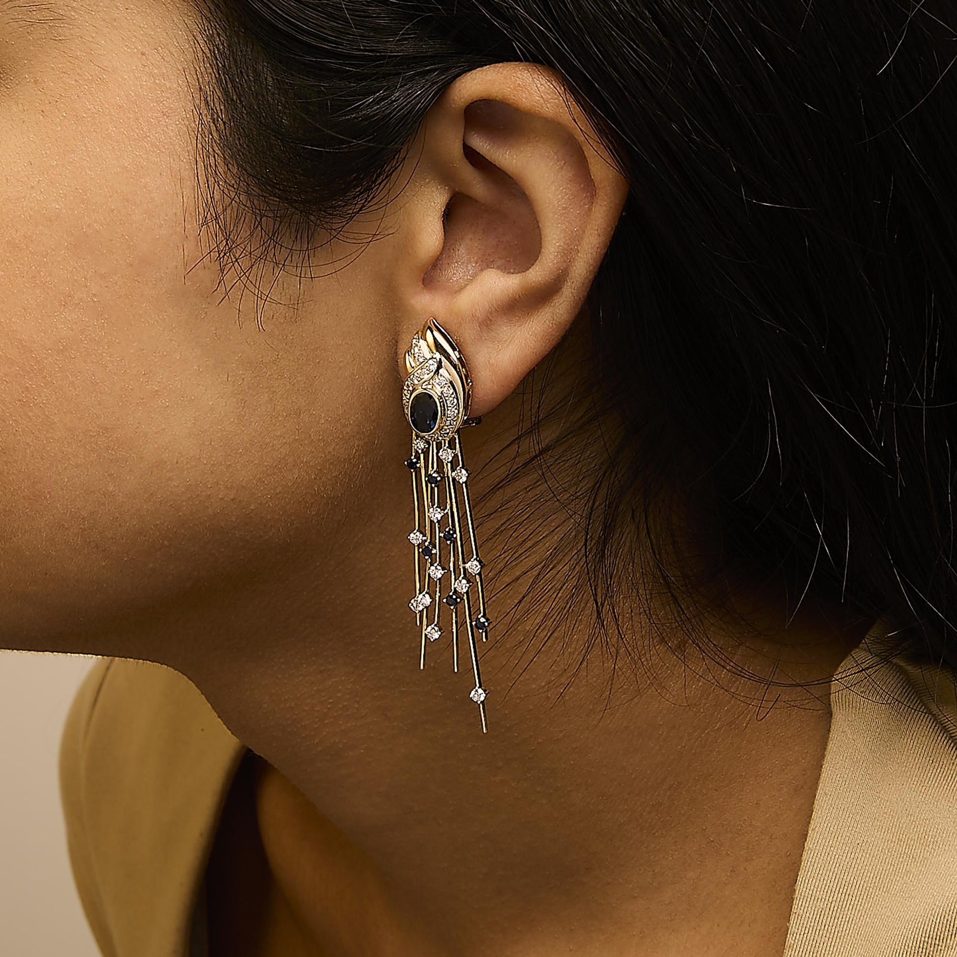 14K Yellow Gold 1.0 Cttw Diamond and Blue Sapphire Chandelier Earrings-2