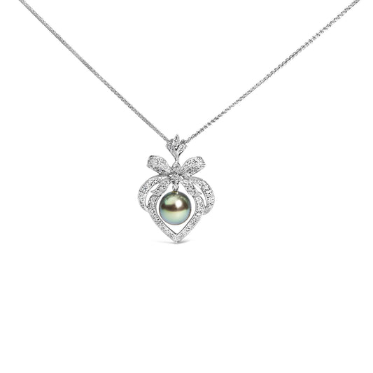 18K 3/4 Cttw Diamond and 12.5 MM Cultured Black Tahitian Pearl Heart Pendant Necklace (G-H Color, SI1-SI2 Clarity) - 18" Inches-0