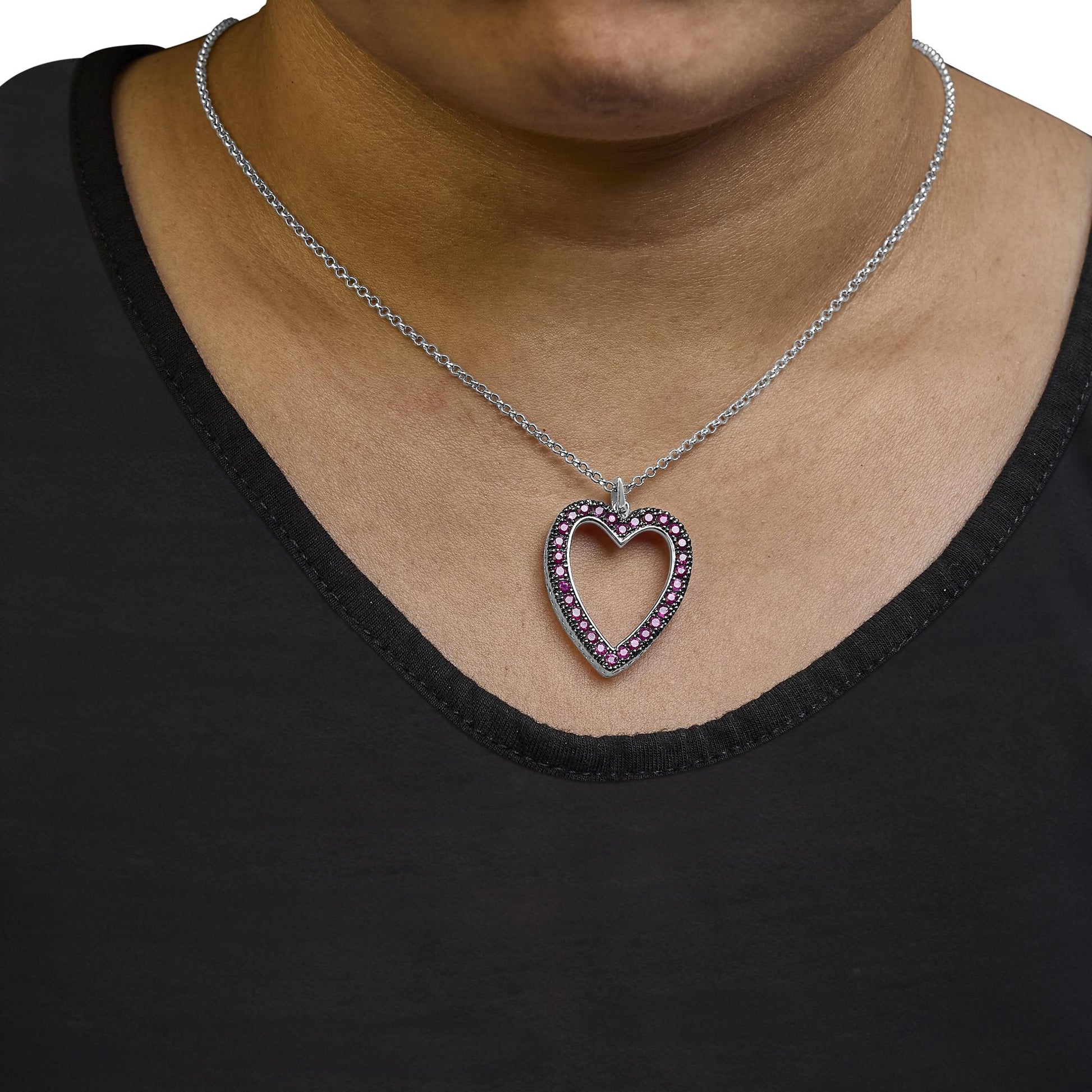 18K 1/3 Cttw Diamond and Red Ruby Open Heart with Black Rhodium 18" Pendant Necklace (G-H Color, VS2-SI1 Clarity)-2