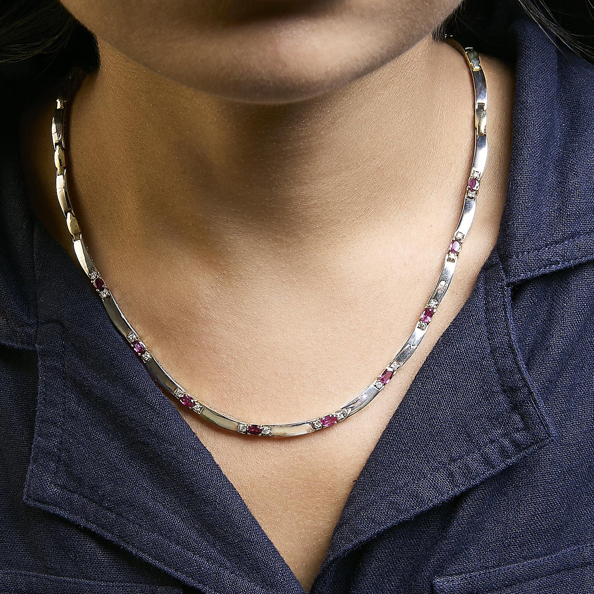 14K Yellow Gold Red Ruby and 3/8 Cttw Diamond Alternating Link Necklace-2