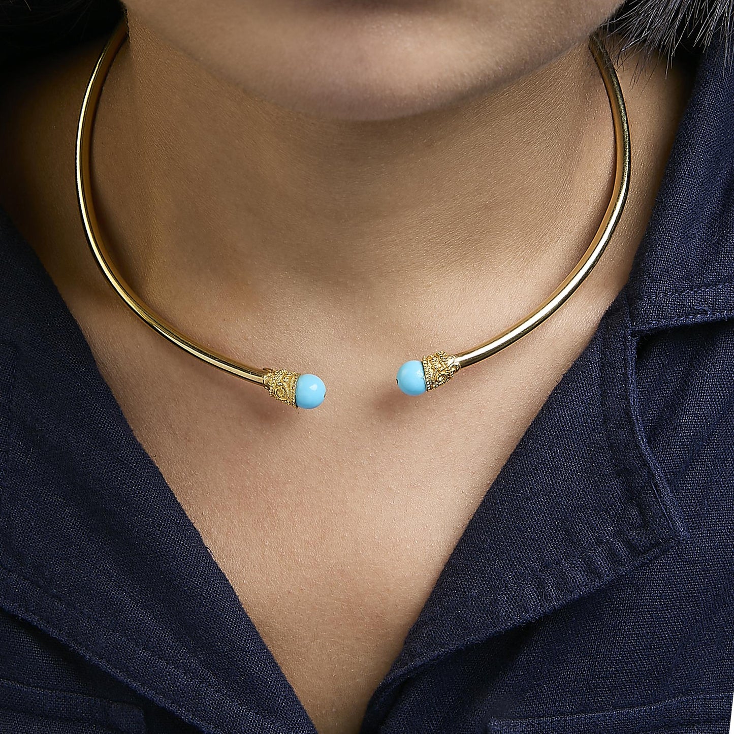 18K Yellow Gold Sculpted Collar Necklace with Turquoise Cabochon Ends-2