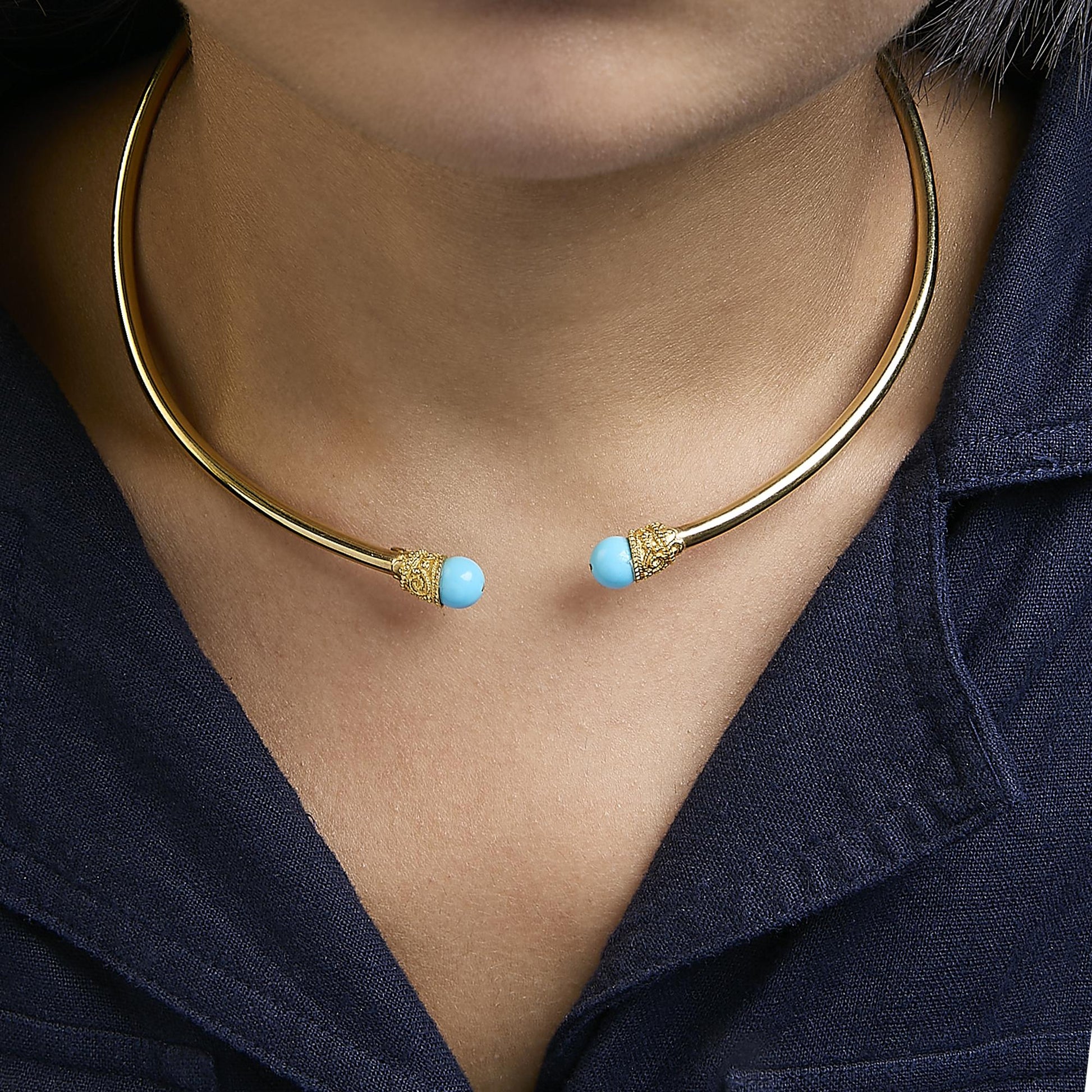 18K Yellow Gold Sculpted Collar Necklace with Turquoise Cabochon Ends-2