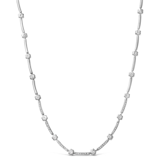 14K White Gold 1.0 Cttw Diamond Flower and Bar Station Necklace-0