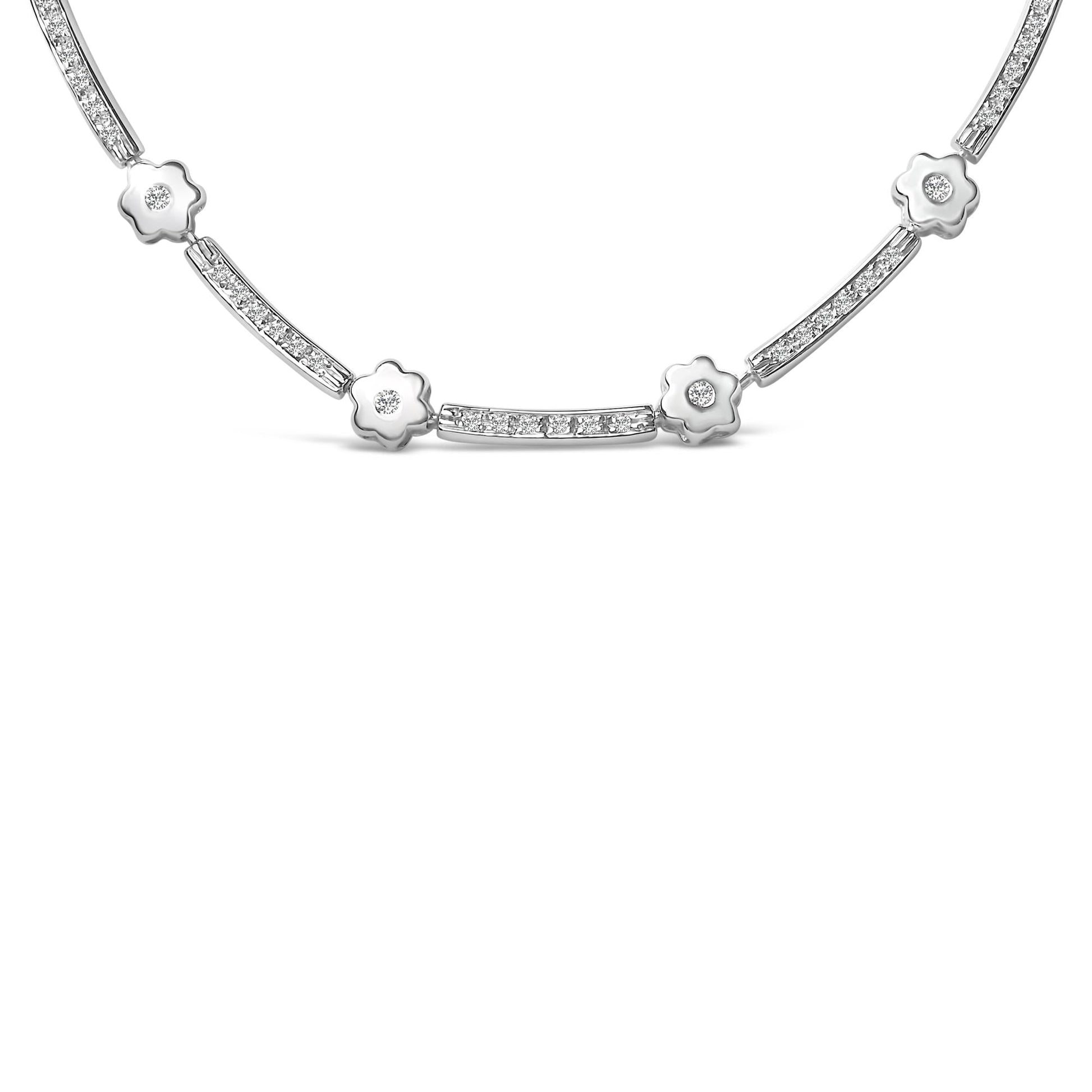 14K White Gold 1.0 Cttw Diamond Flower and Bar Station Necklace-1