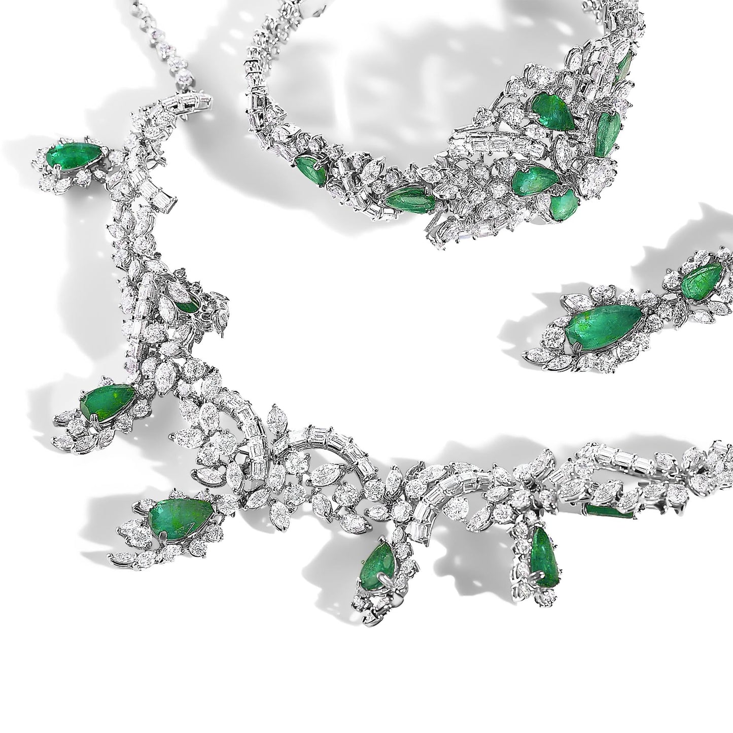 Certified Platinum 38.0 Cttw Diamond and 19 3/4 Cttw Brazilian Green Emerald Necklace, Bracelet & Earrings Three-Piece Set-0