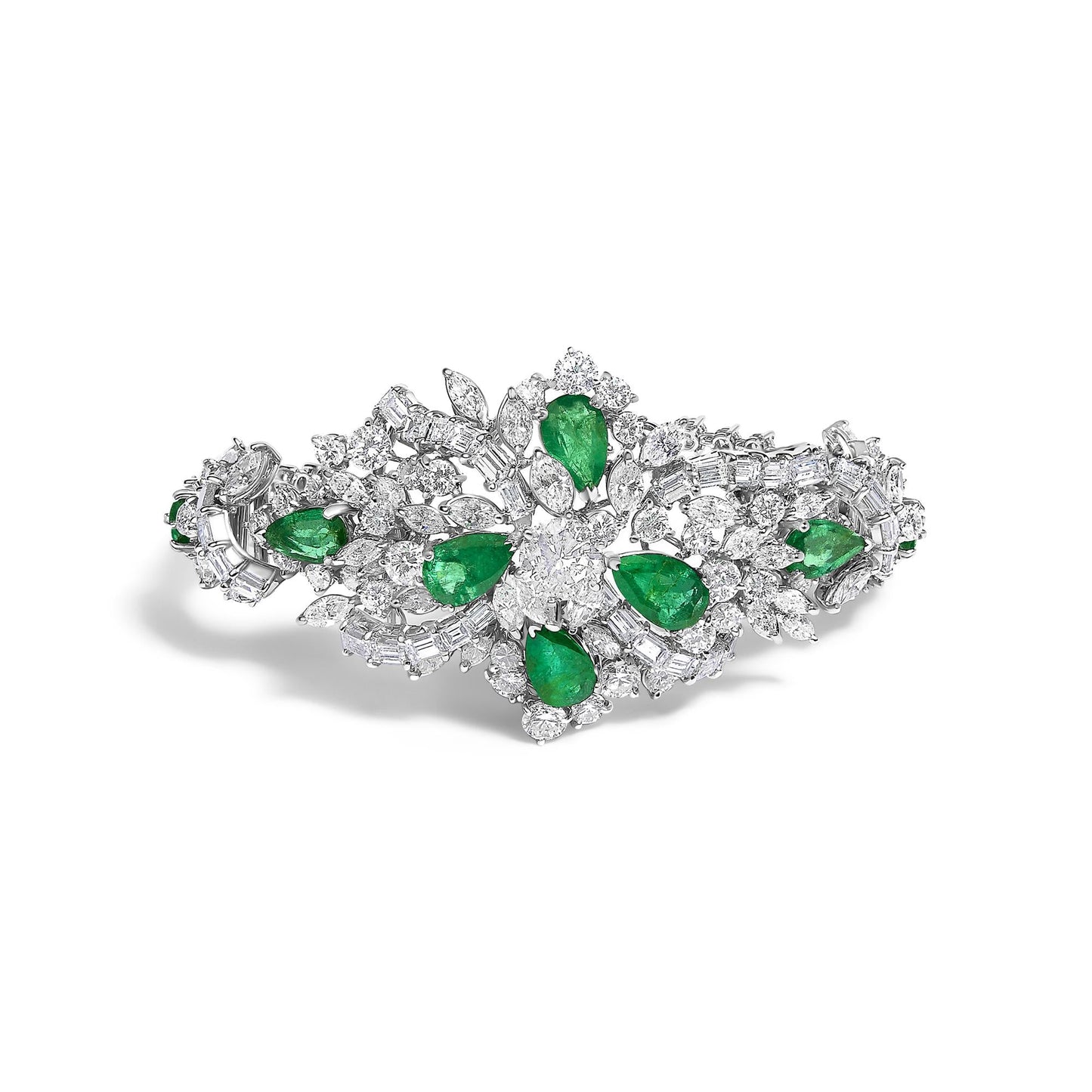 Certified Platinum 38.0 Cttw Diamond and 19 3/4 Cttw Brazilian Green Emerald Necklace, Bracelet & Earrings Three-Piece Set-1