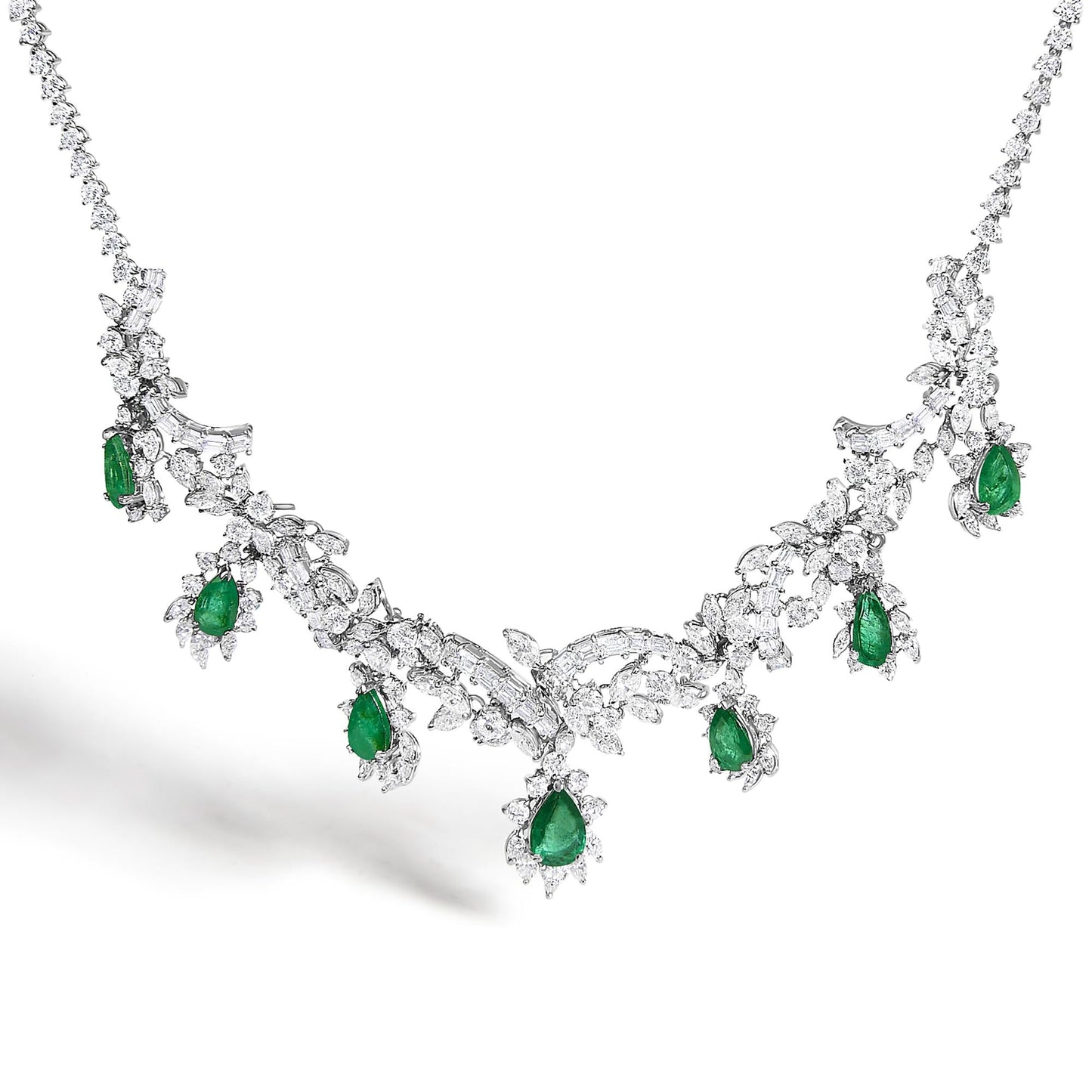 Certified Platinum 38.0 Cttw Diamond and 19 3/4 Cttw Brazilian Green Emerald Necklace, Bracelet & Earrings Three-Piece Set-3