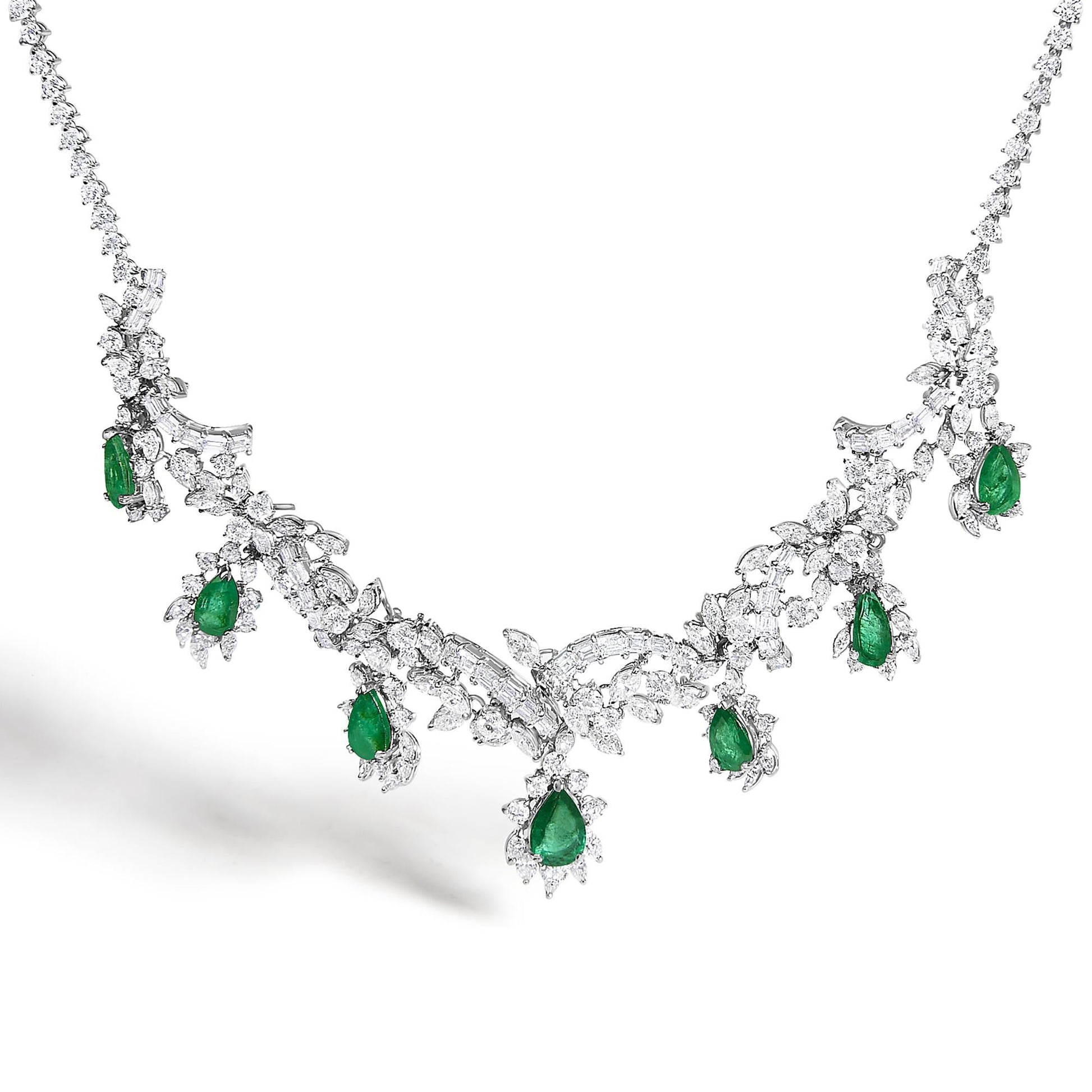 Certified Platinum 38.0 Cttw Diamond and 19 3/4 Cttw Brazilian Green Emerald Necklace, Bracelet & Earrings Three-Piece Set-3
