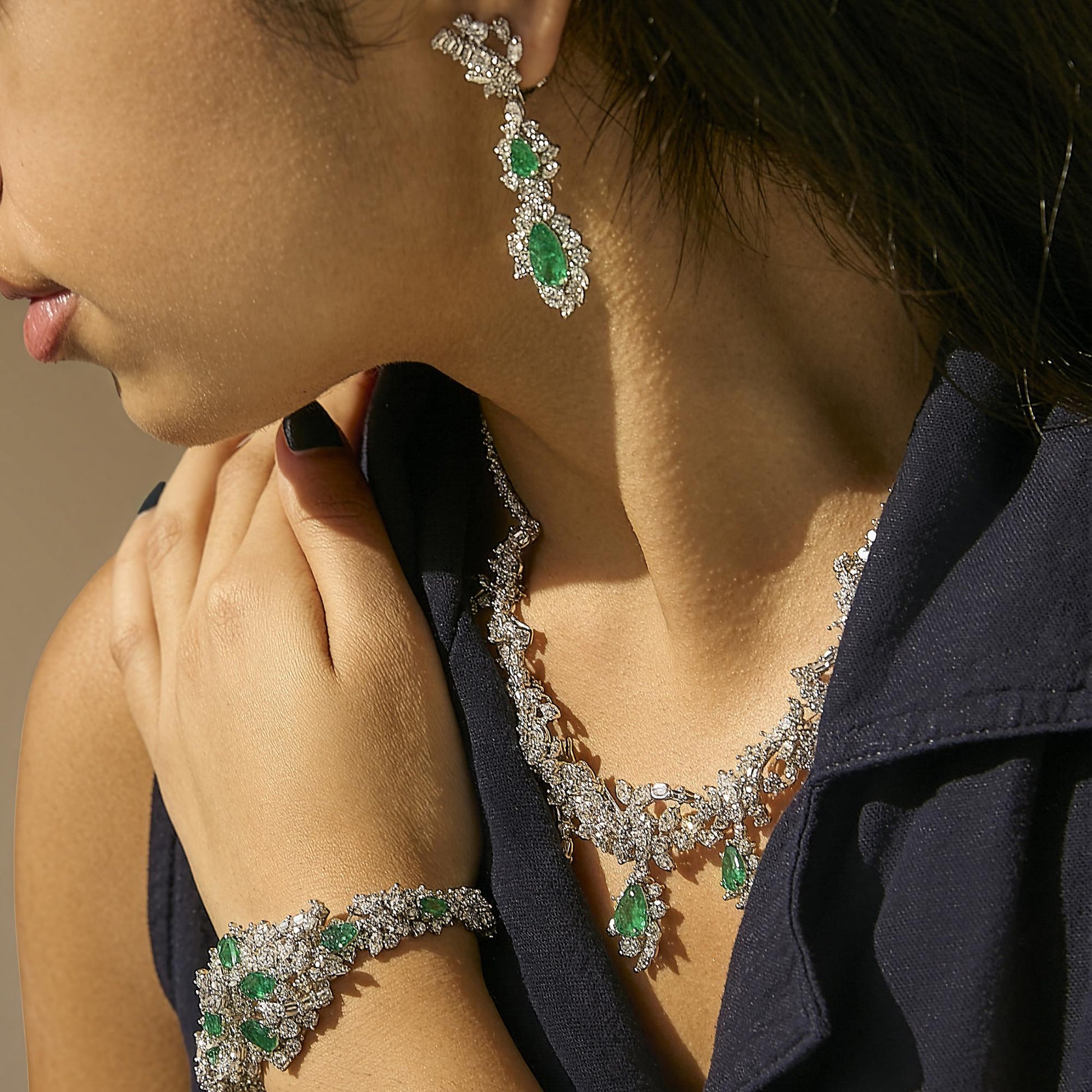 Certified Platinum 38.0 Cttw Diamond and 19 3/4 Cttw Brazilian Green Emerald Necklace, Bracelet & Earrings Three-Piece Set-2