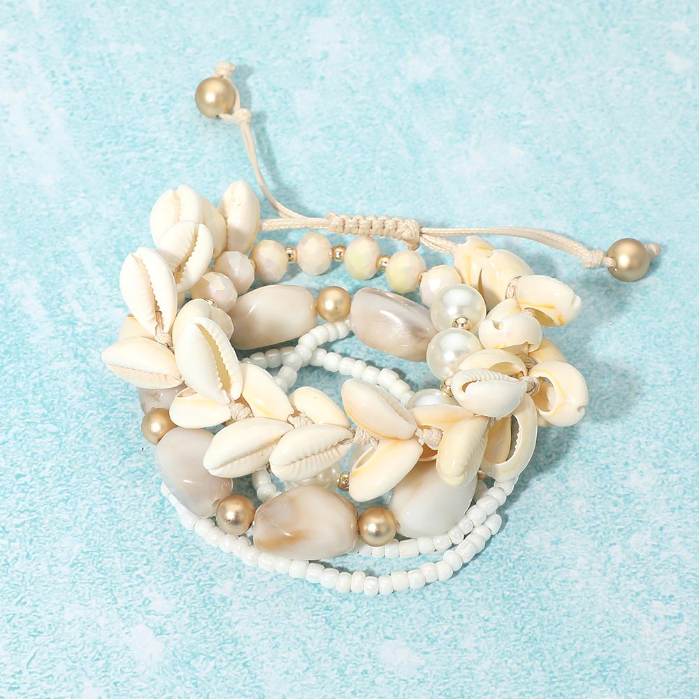 5PCS - Shell Beaded Adjustable Pearl PEbble Beades Stretch Multi Layered Bracelets