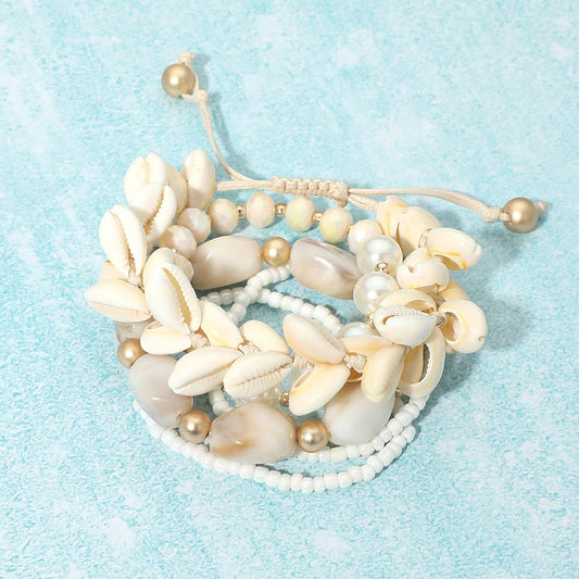 5PCS - Shell Beaded Adjustable Pearl PEbble Beades Stretch Multi Layered Bracelets