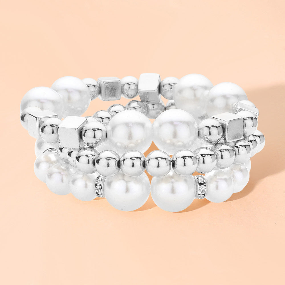 3PCS - Pearl Metal Ball Beaded Stretch Multi Layered Bracelets