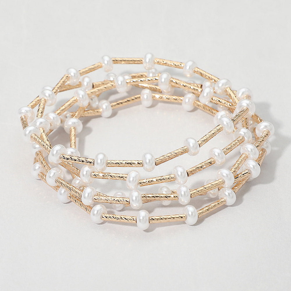 5PCS - Flat Pearl Textured Metal Bar Beaded Stretch Multi Layered Bracelets