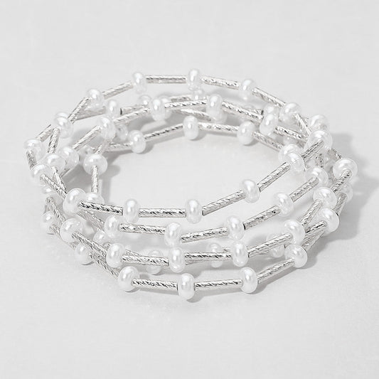 5PCS - Flat Pearl Textured Metal Bar Beaded Stretch Multi Layered Bracelets