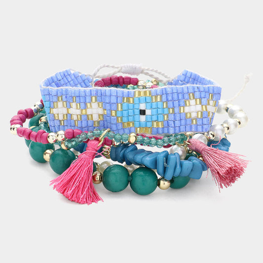 6PCS - Tassel Pointed Faceted Beaded Pearl Stretch Evil Eye Pointed Beaded Cinch Pull Tie Multi Layered Bracelets
