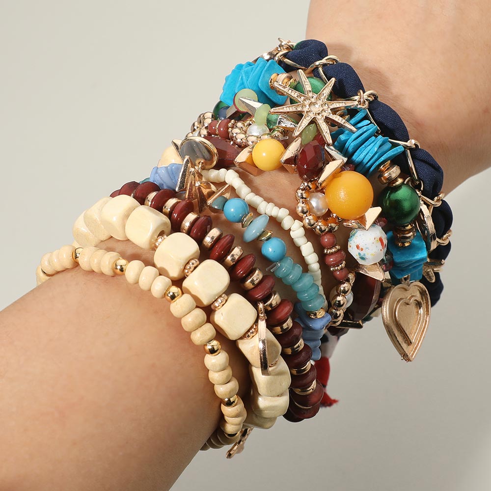 10PCS - Decorative Heart Fish Star Charm Wooden Pearl Beaded Stretch Adjustable Multi Layered Bracelets
