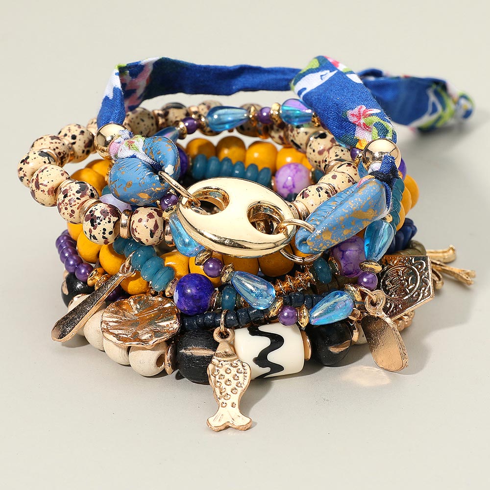 11PCS - Mixed Bird Fish Charm Beaded Stretch Adjustable Multi Layered Bracelets