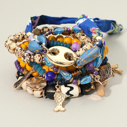 11PCS - Mixed Bird Fish Charm Beaded Stretch Adjustable Multi Layered Bracelets