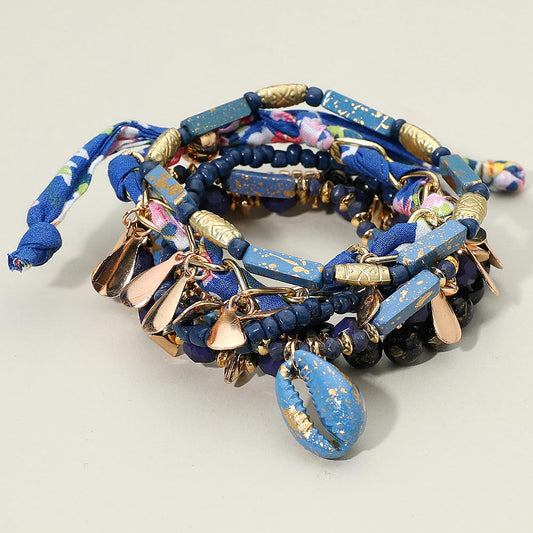 6PCS - Boho Conch Shell Charm Accent Beaded Stretch Adjustable Multi Layered Bracelets