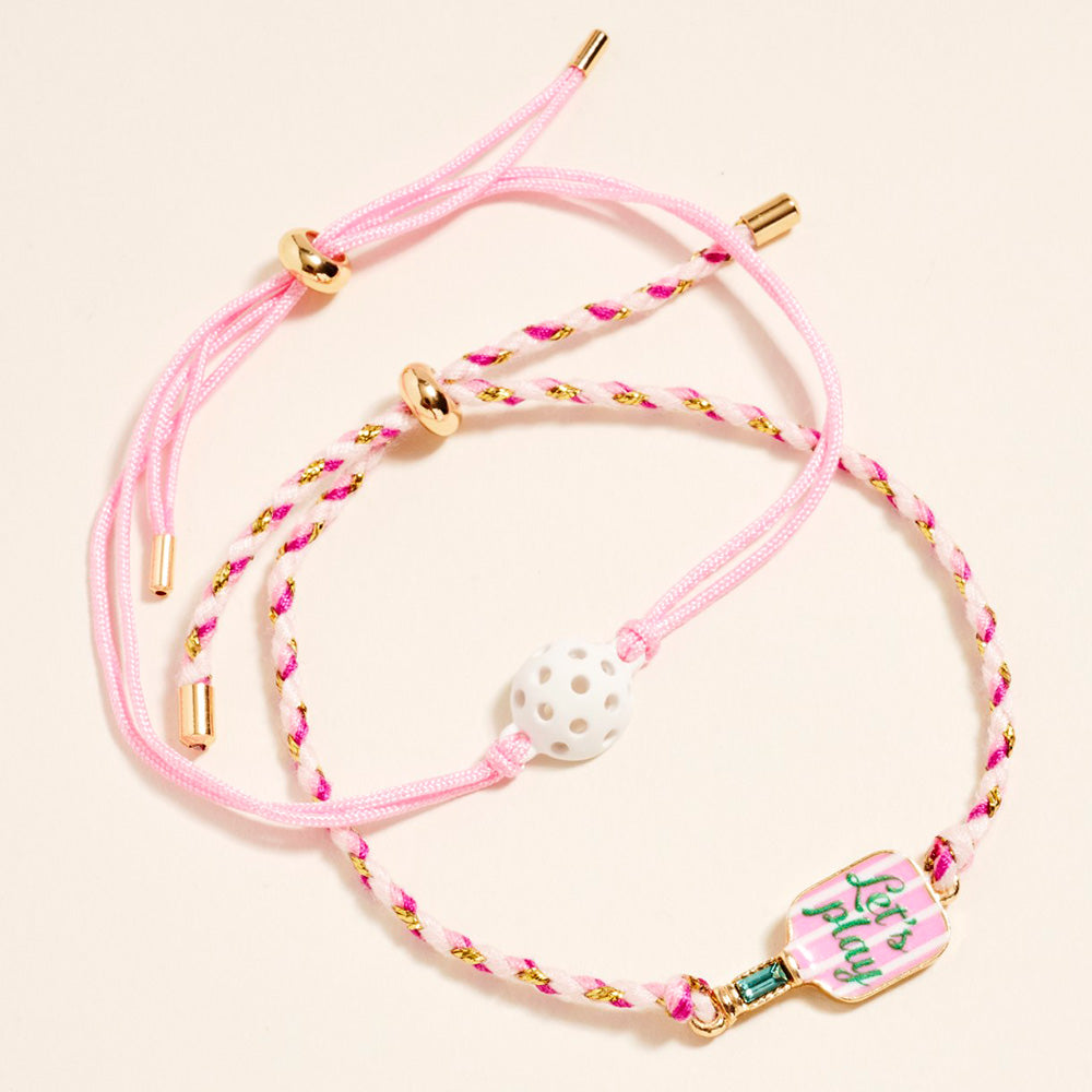 2PCS - LETS PLAY Pickleball Paddle Ball Accent Adjustable Cinch Pull Tie Bracelets
