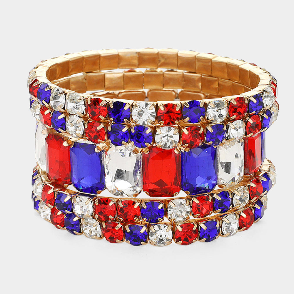 5Pcs Rectangle Round Stone Stretch Multi Layered Bracelets