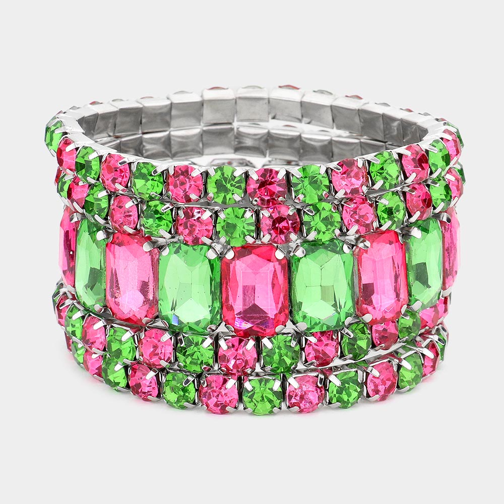 5Pcs Rectangle Round Stone Stretch Multi Layered Bracelets