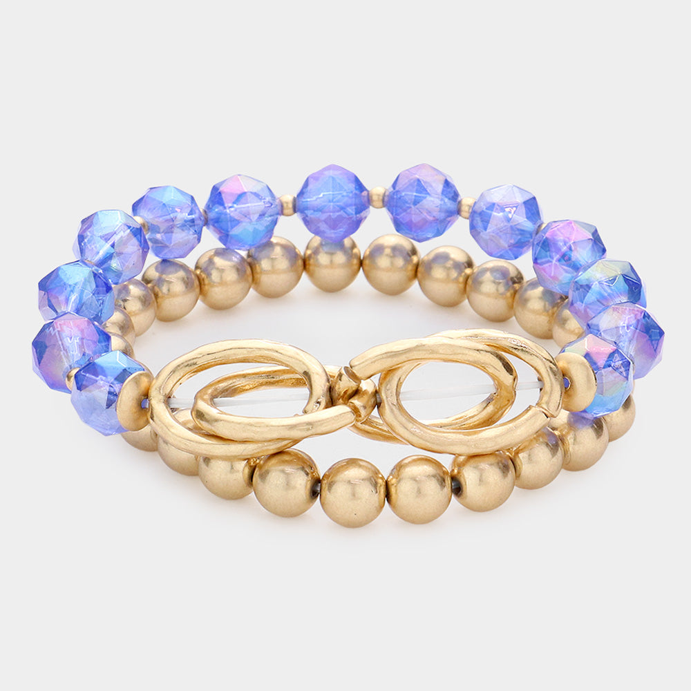 2PCS - Open Metal Oval Link Metal Ball Faceted Beaded Stretch Bracelets