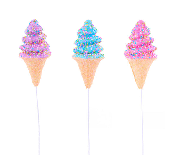 12" GLITTER ICE CREAM CONE PICK BLUE, HT PINK, PPL-0