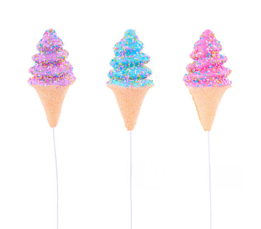12" GLITTER ICE CREAM CONE PICK BLUE, HT PINK, PPL-0