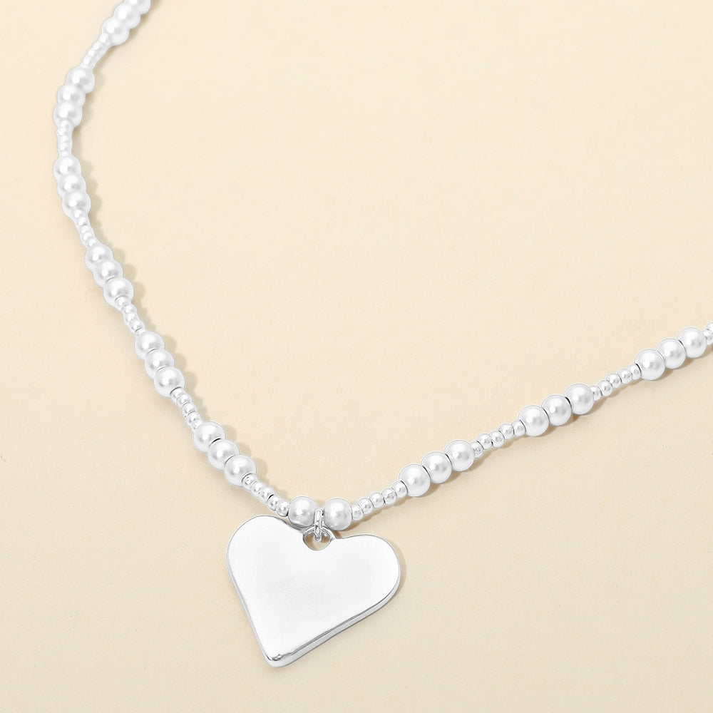 Brushed Hammered Metal Heart Pendant Beaded Chain Necklace
