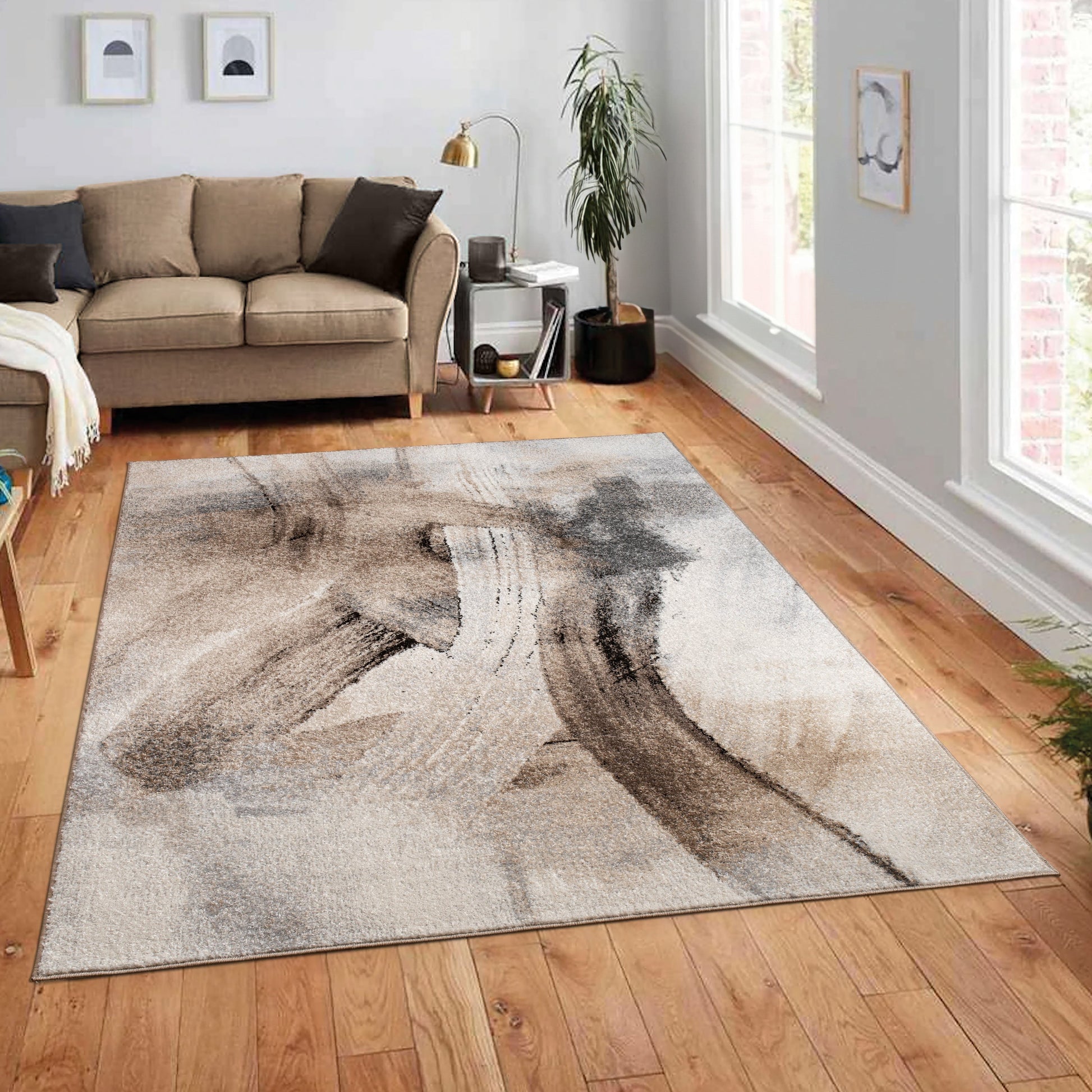 Designer Rug Mona with Artful Brushstroke Effect in Cream Brown Black-0