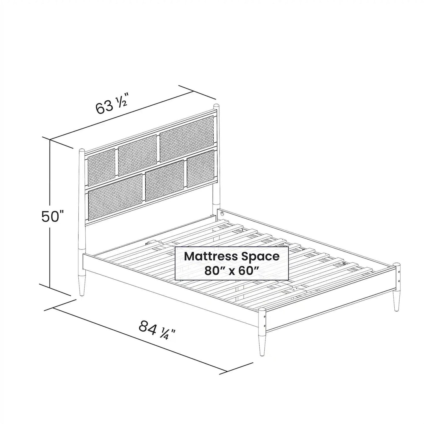 Queen Size Hardwood Platform Bed Frame with Cane Paneling Headboard in Walnut-4