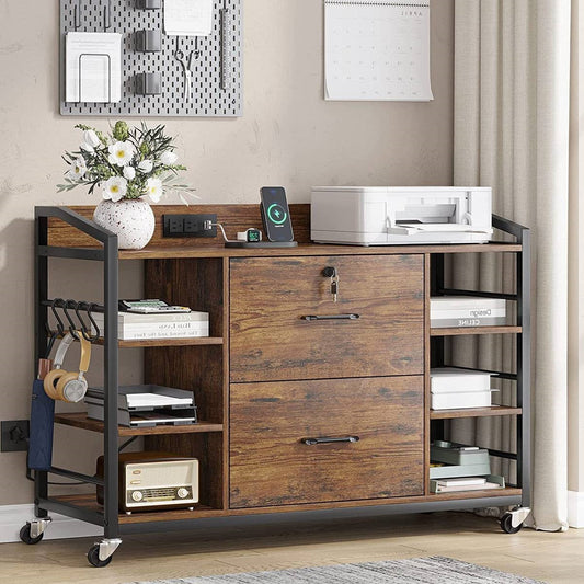 Brown Printer Stand Bookcase Power Station Mobile Office File Cabinet-0
