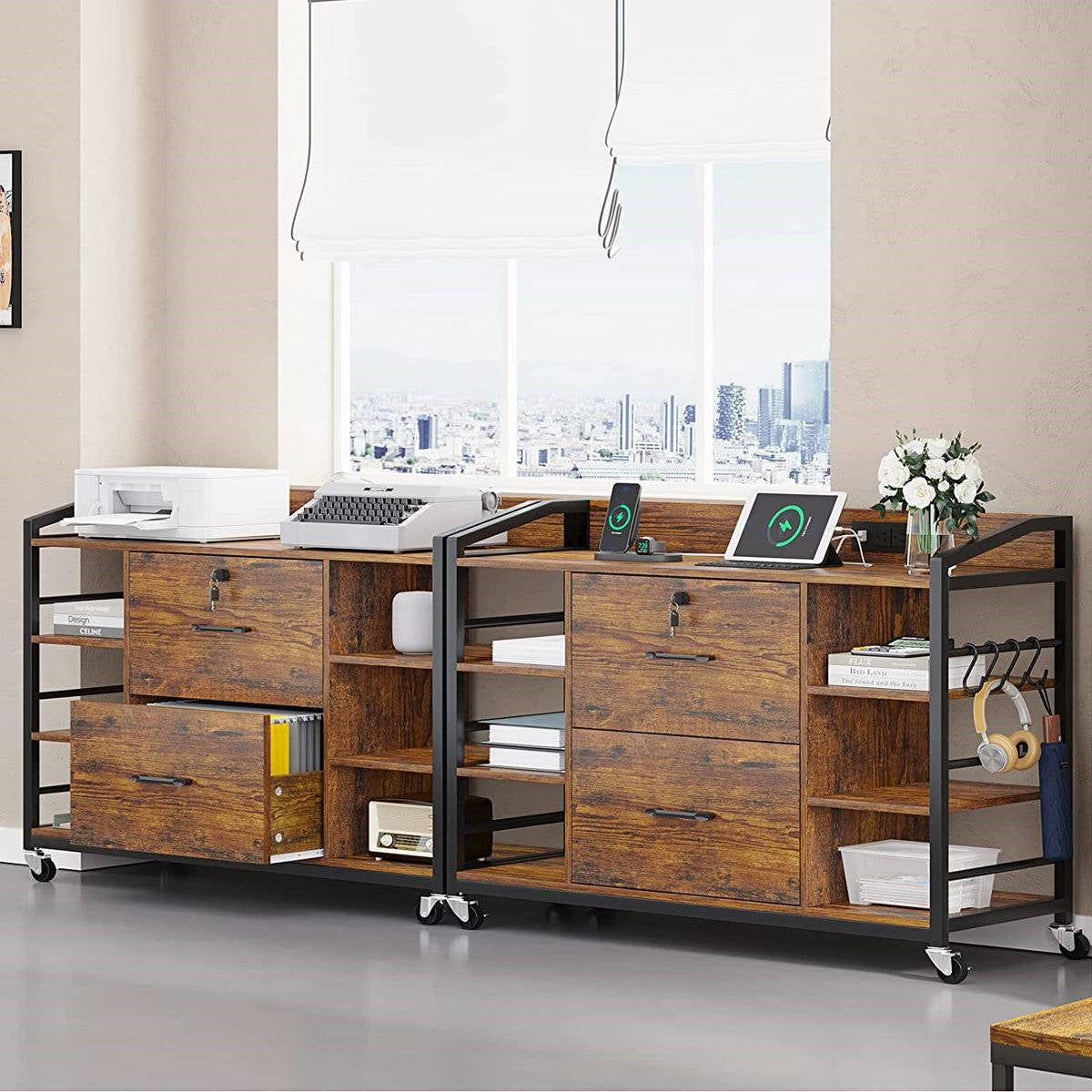 Brown Printer Stand Bookcase Power Station Mobile Office File Cabinet-1
