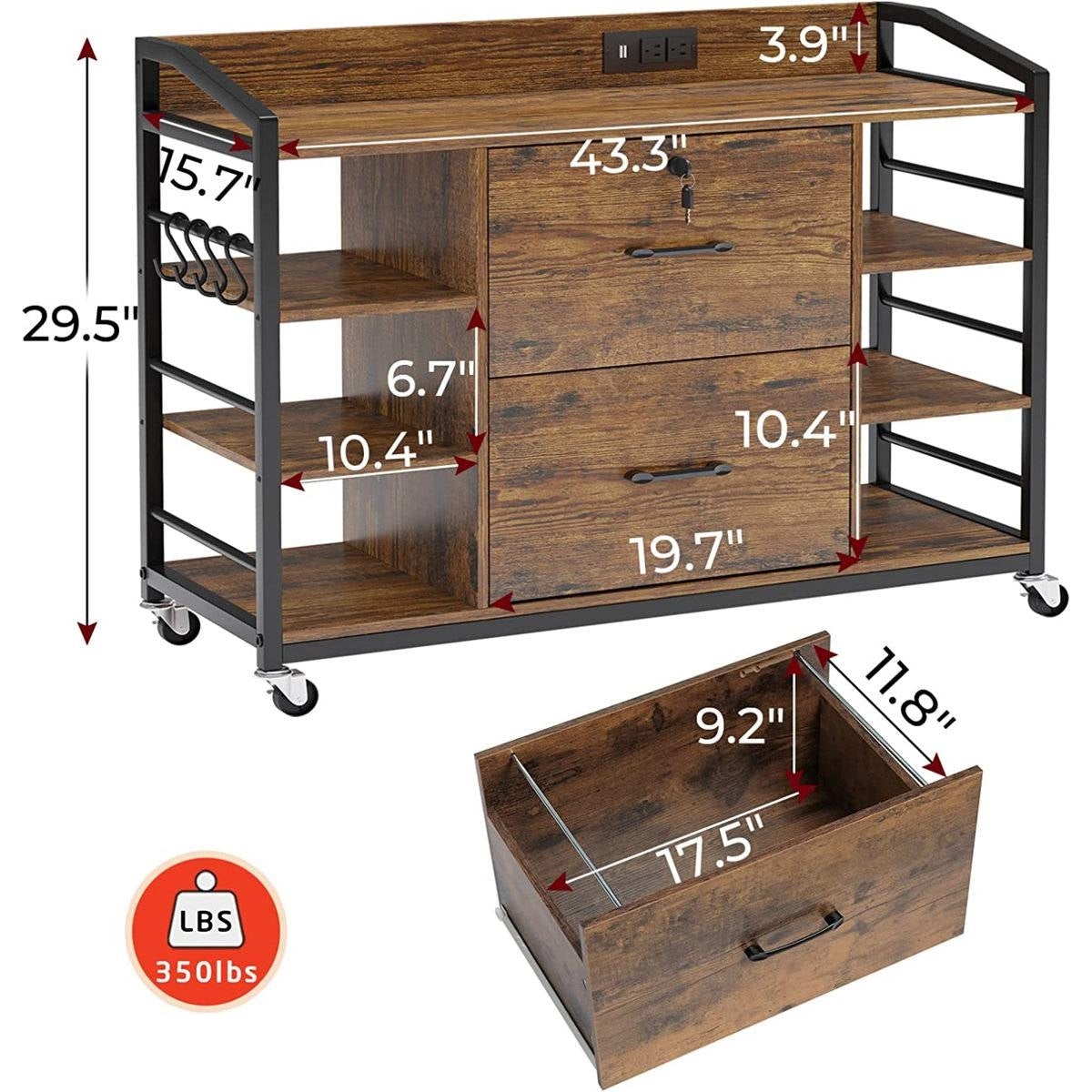 Brown Printer Stand Bookcase Power Station Mobile Office File Cabinet-4
