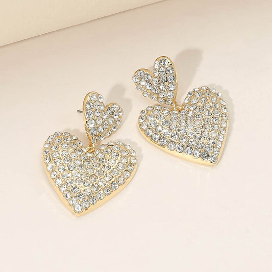Gold Dipped Rhinestone Pave Double Heart Link Drop Earrings