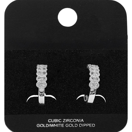 White Gold Dipped Two Row CZ Pave Mini Open Hoop Earrings