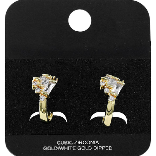 Gold Dipped Triple Baguette CZ Accent Mini Open Hoop Earrings