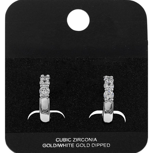 White Gold Dipped Round CZ Stone Accent Mini Open Hoop Earrings