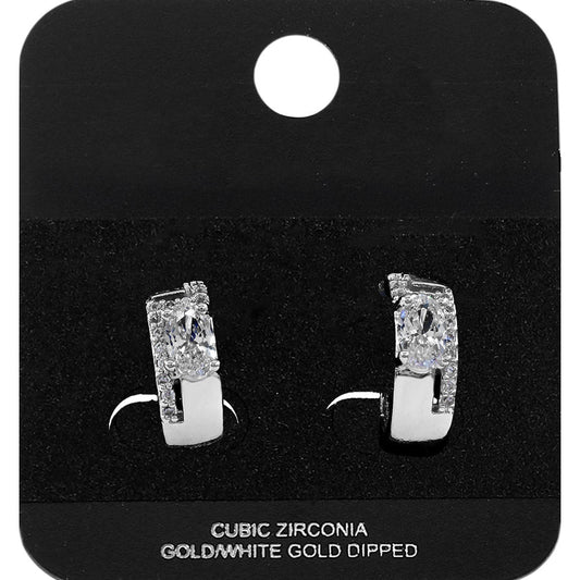 White Gold Dipped Oval CZ Accent Mini Open Hoop Earrings