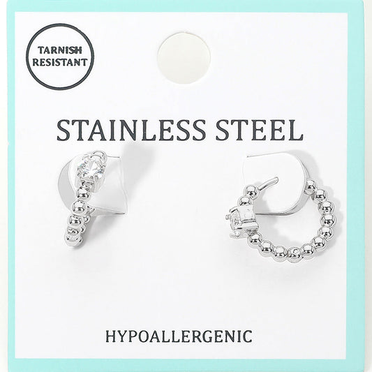 Stainless Steel Solitaire Accent Beaded Mini Huggie Hoop Earrings