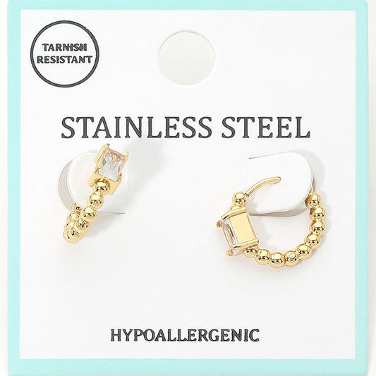 Stainless Steel Rectangular Stone Accent Beaded Mini Huggie Hoop Earrings