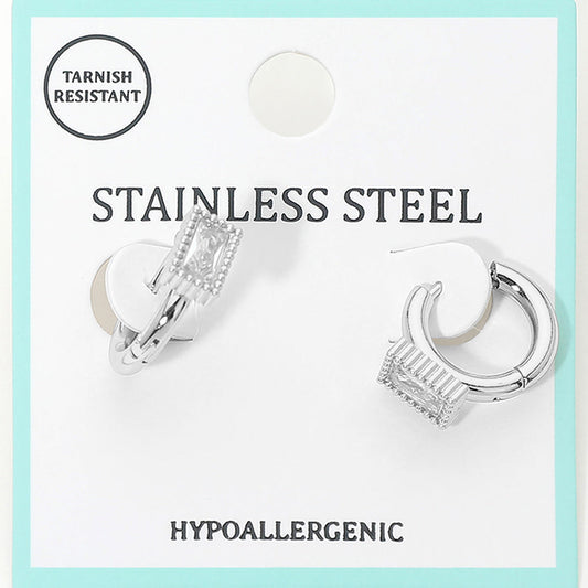 Stainless Steel Baguette Stone Accent Mini Huggie Hoop Earrings